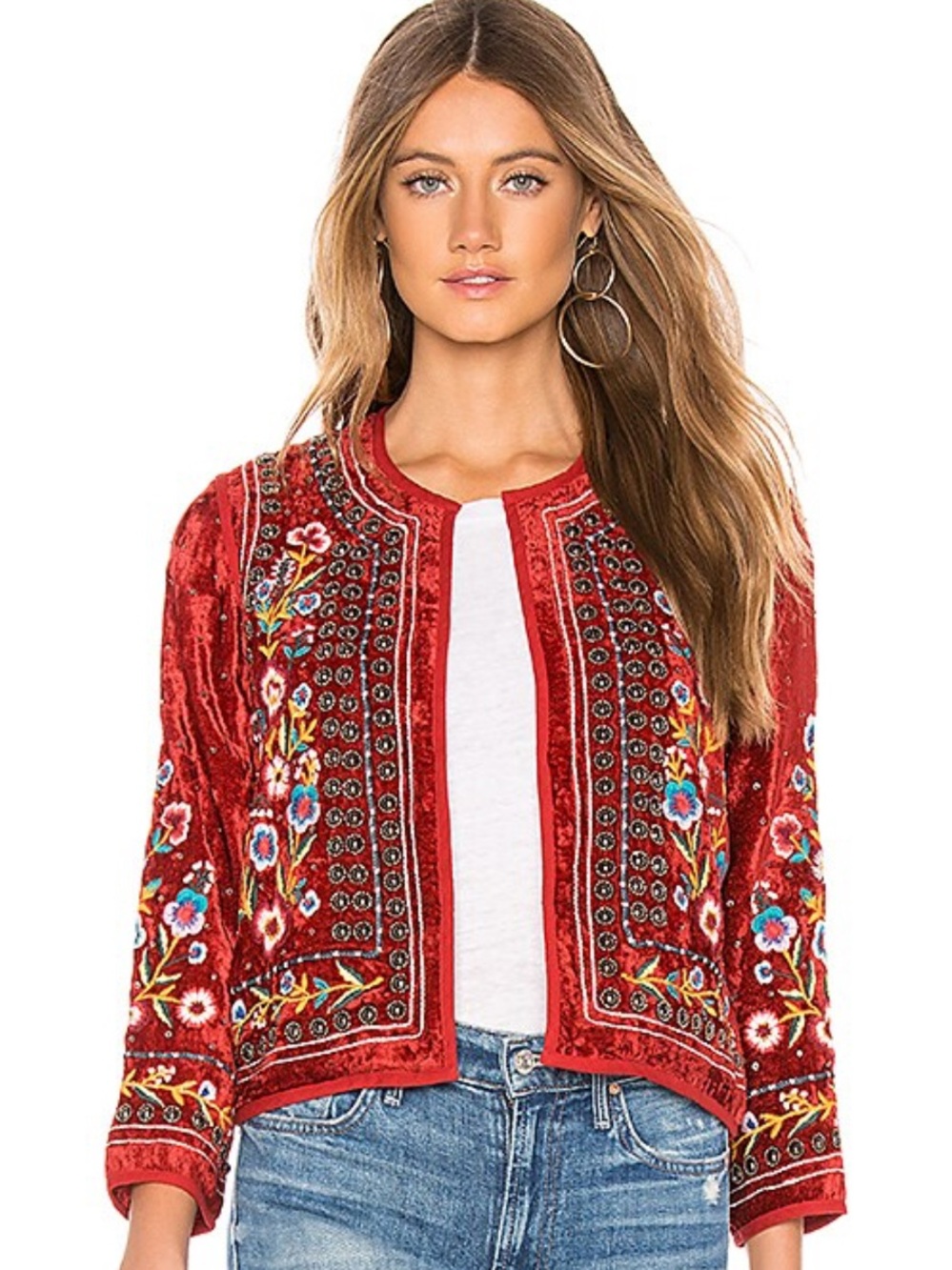 Velvet by Graham & Spencer~ Red Embroidered Velvet Jacket XS